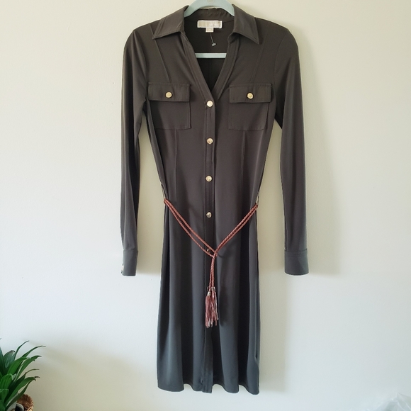 Michael Kors Long Sleeve Button Down Dress - Olive Green- XS - Picture 12 of 12